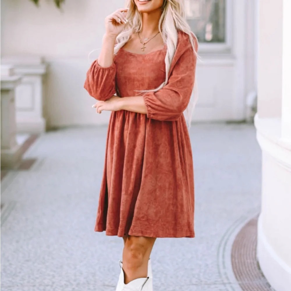 *Host Pick!๐ Brown Boho Suede Square Neck Mini Swing Dress with Square Neckline - Picture 5 of 15